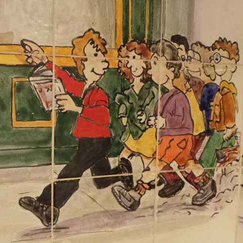 A cartoon of a group of children and young people being led through London by a guide.