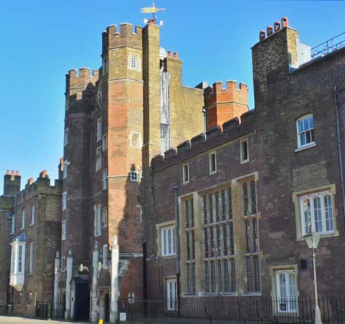 A view of the Tudor gatehouse of St James's Palace.