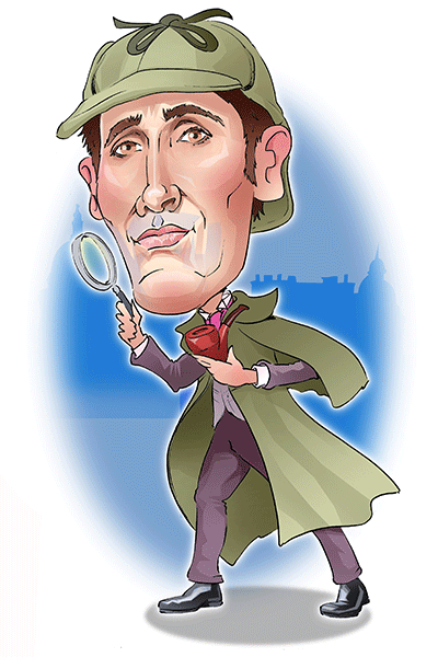 An image of Sherlock Holmes holding his magnifying glass and wearing a deerstalker hat.