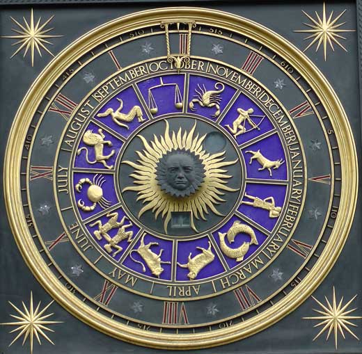 Winston Churchill's face at the centre of Bracken Houses's astrological clock.