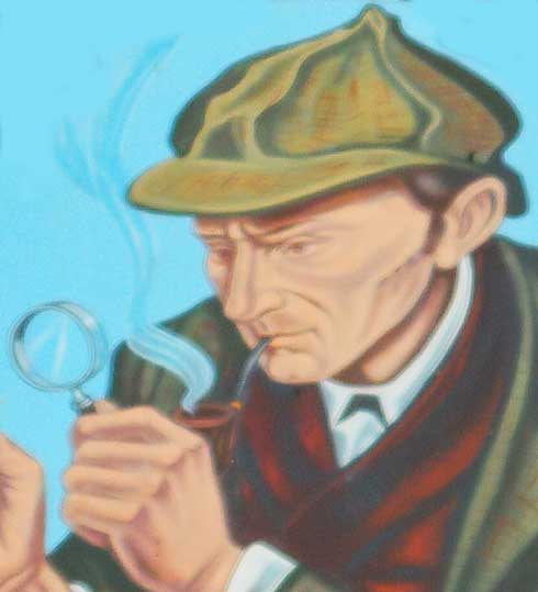 An image of Sherlock Holmes wearing his deerstalker and smoking his pipe.