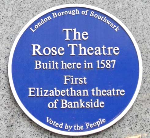 The blue plaque that marks the site of the Rose Theatre.