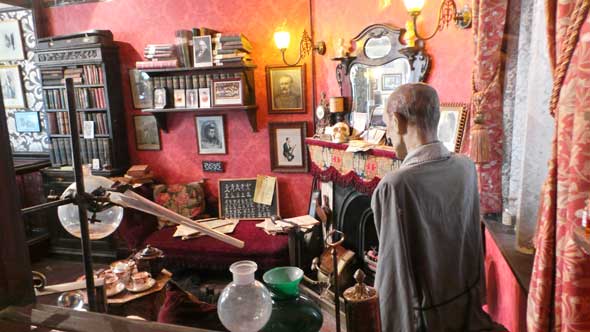 The sitting room of 221B Baker Street in the upstairs bar of the Sherlock Holmes Pub.