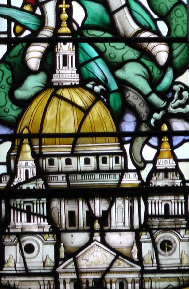 A stained glass window showing St Paul's Cathdral.