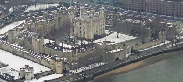 An arial view looking down on the Tower of London.